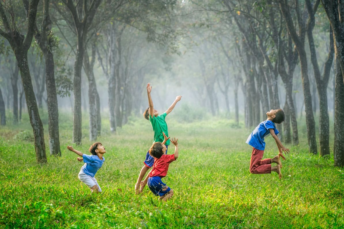 Children playing joyfully in a lush green field surrounded by trees, illustrating a vibrant outdoor setting related to home and community.