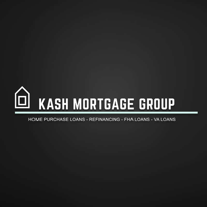 Kash Mortgage Group logo featuring text for home purchase loans, refinancing, FHA loans, and VA loans on a dark background.