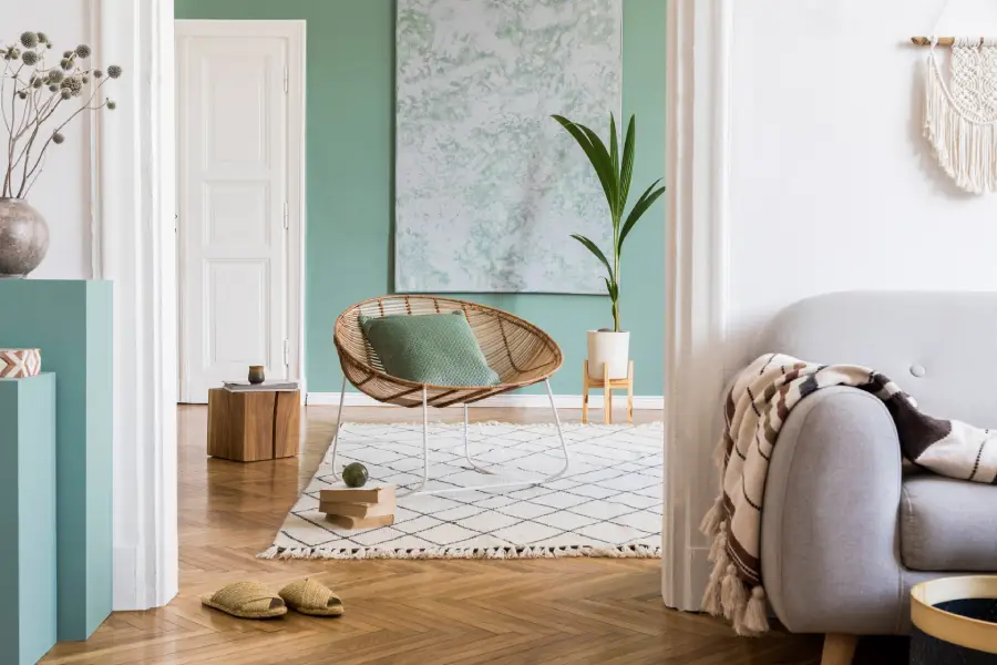 Modern living room interior featuring a woven chair with a green cushion, a decorative plant in a pot, and a geometric area rug, illustrating a cozy and stylish home environment ideal for renovation loan discussions.